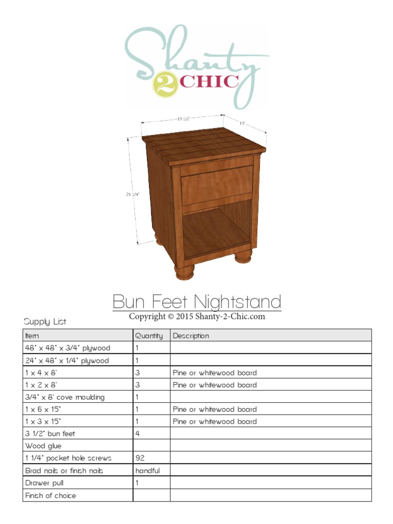 Bun Feet Nightstand Supply List PDF Wood