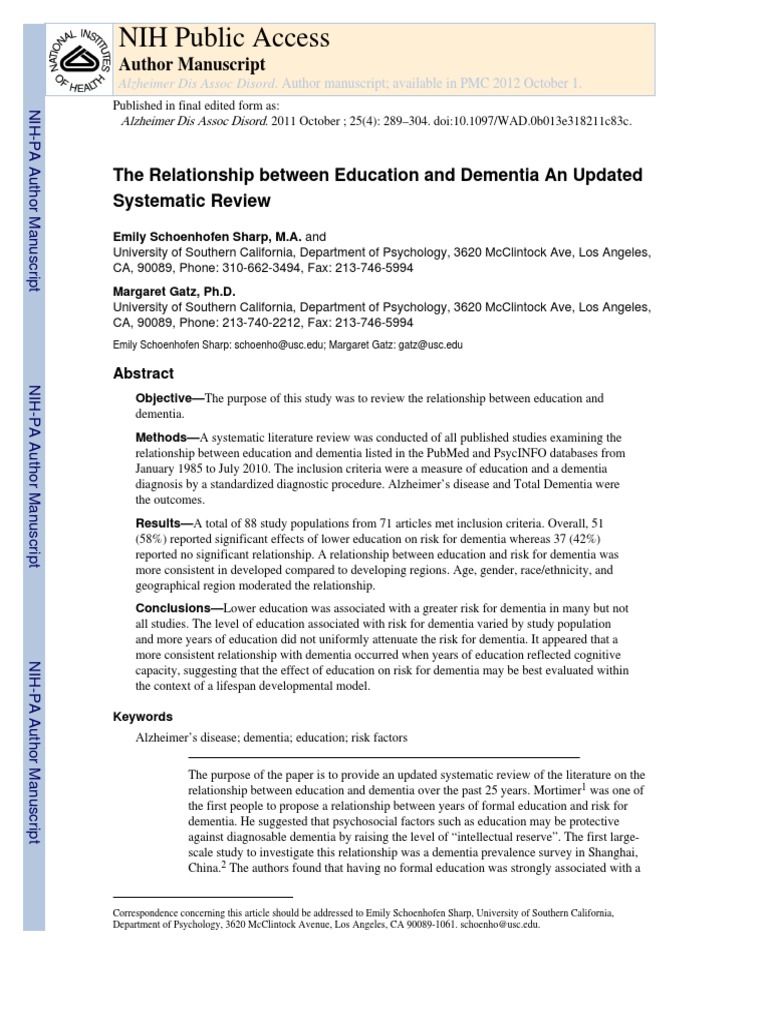 NIH Public Access: Author Manuscript | PDF | Dementia | Meta Analysis
