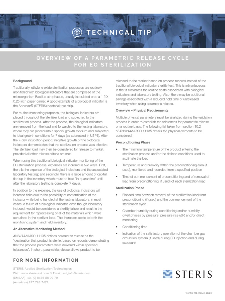 Technical Tip Overview of A Parametric Release Cycle For Eo Sterilization PDF Sterilization