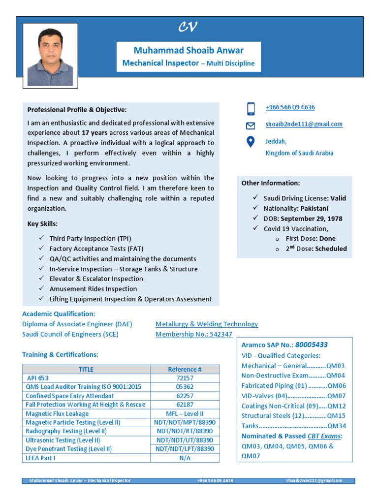 Mechanical Inspector CV - Muhammad Shoaib Anwar | PDF | Nondestructive ...