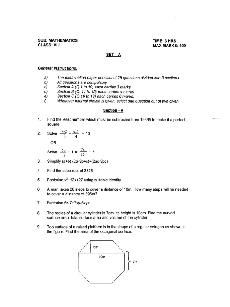 CBSE Class 8 Mathematics Question Paper Set F PDF