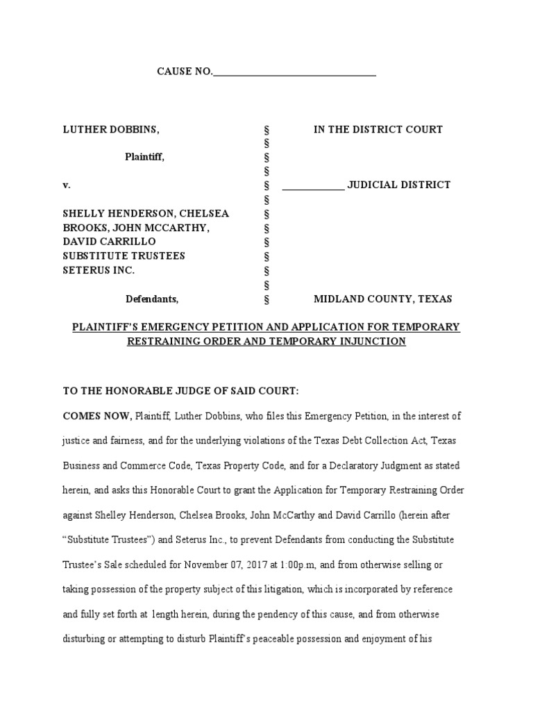 Emergency Petition For TRO TX PDF Mortgage Law Foreclosure