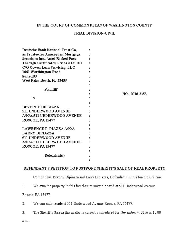 Motion To Postpone Sale PA PDF Ocwen Foreclosure