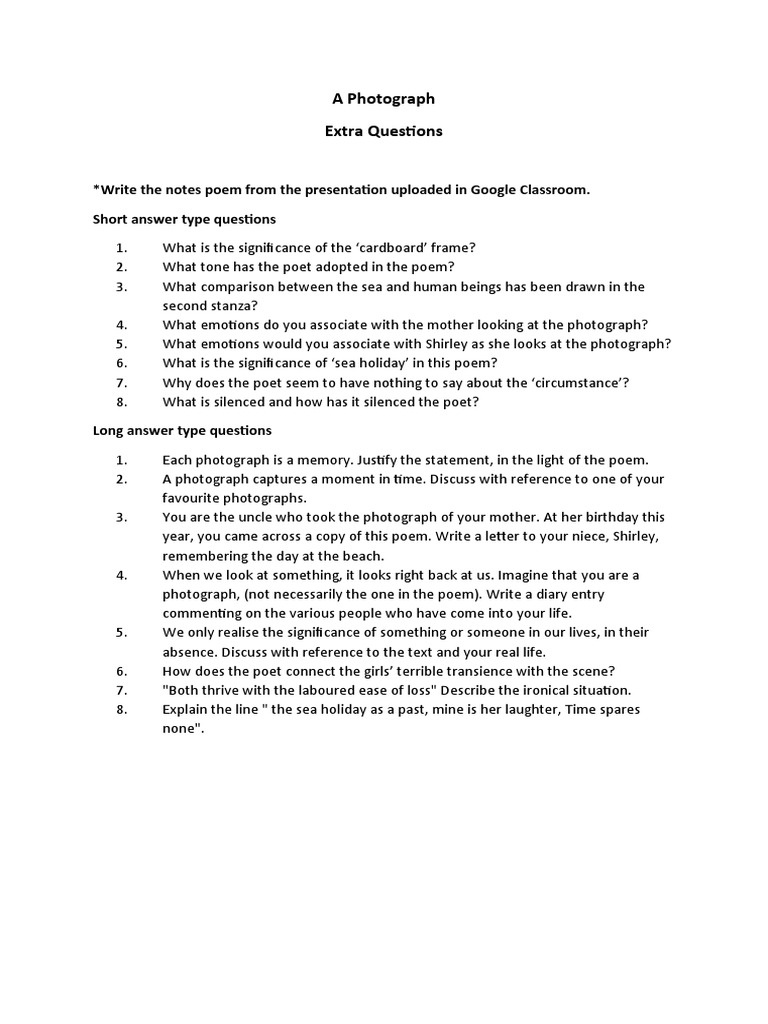 Extra Questions for Class 11: A Photograph | PDF
