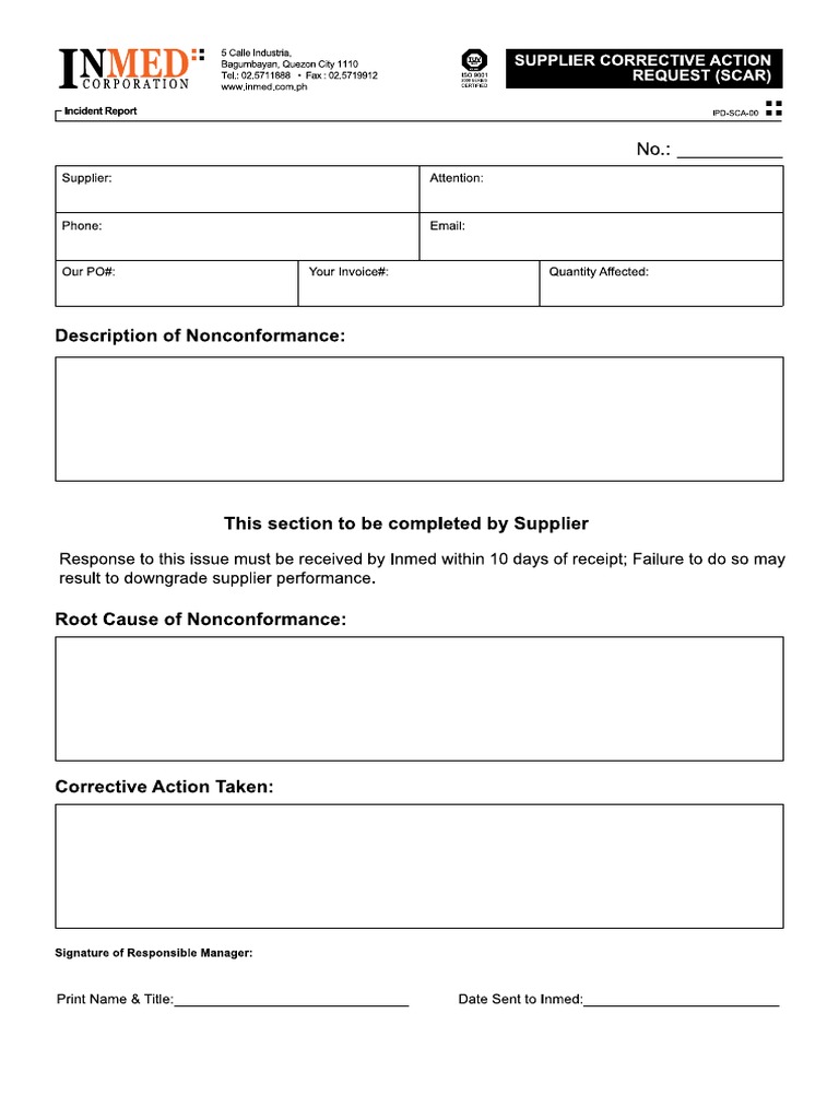 Supplier Corrective Action Request (SCAR Blank) | PDF