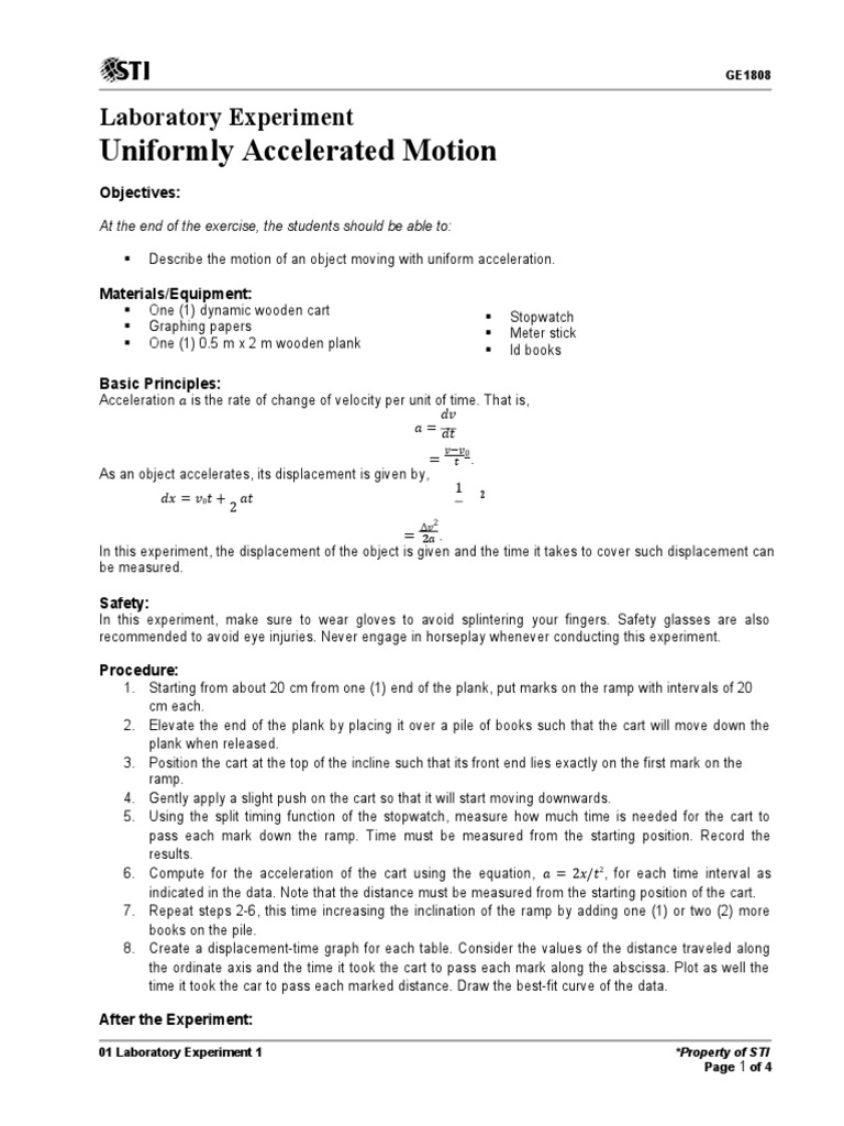 Uniformly Accelerated Motion Laboratory Experiment PDF
