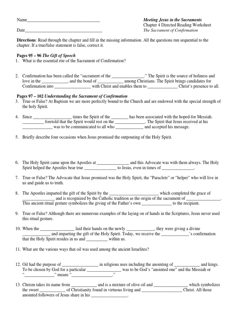 Meeting Jesus in The Sacraments Chapter 4 Directed Reading Worksheet