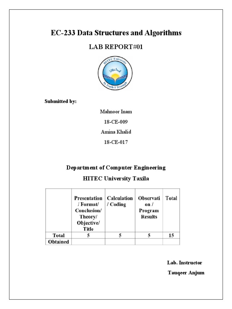 EC-233 Data Structures and Algorithms Lab Report #01 | PDF | Namespace ...