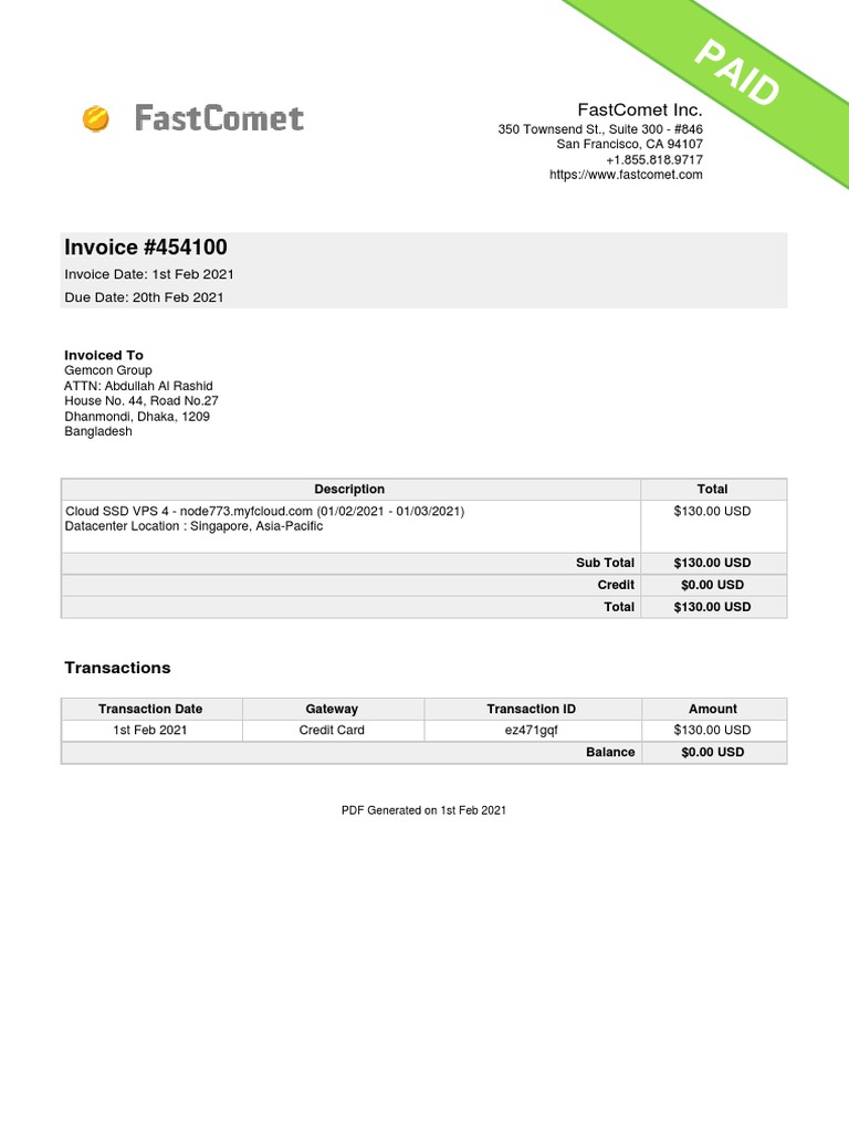 FastComet Invoice #454100: $130 Payment | PDF | Financial Services ...