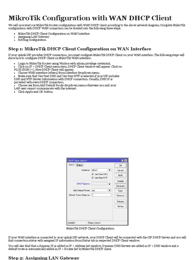 MikroTik Configuration With DHCP WAN Connection PDF Ip Address
