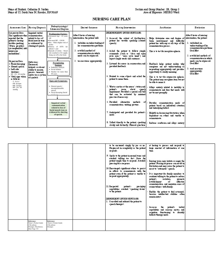 Nursing Care Plan for Slurred Speech | PDF | Speech | Stroke