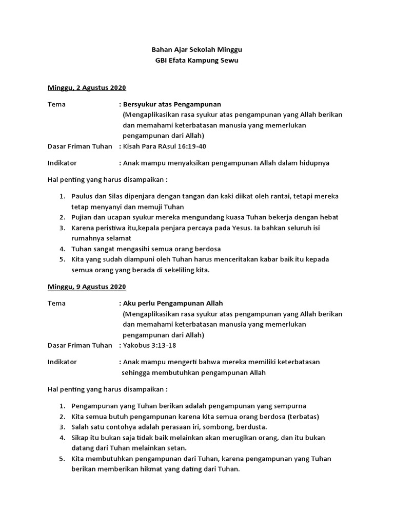 Bahan Ajar Sekolah Minggu | PDF