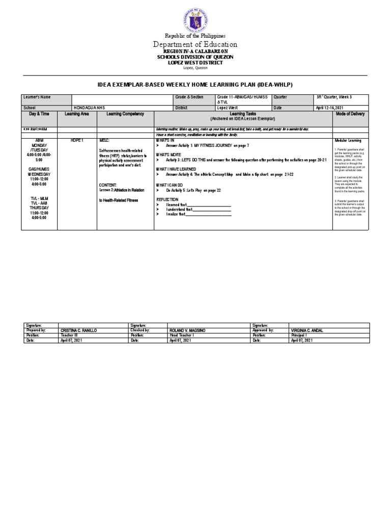 Department of Education: Idea Exemplar-Based Weekly Home Learning Plan ...