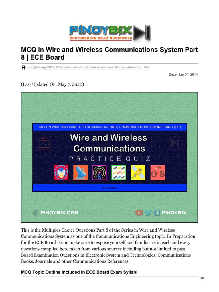 MCQ in Wire and Wireless Communications System Part 8 ECE Board PDF