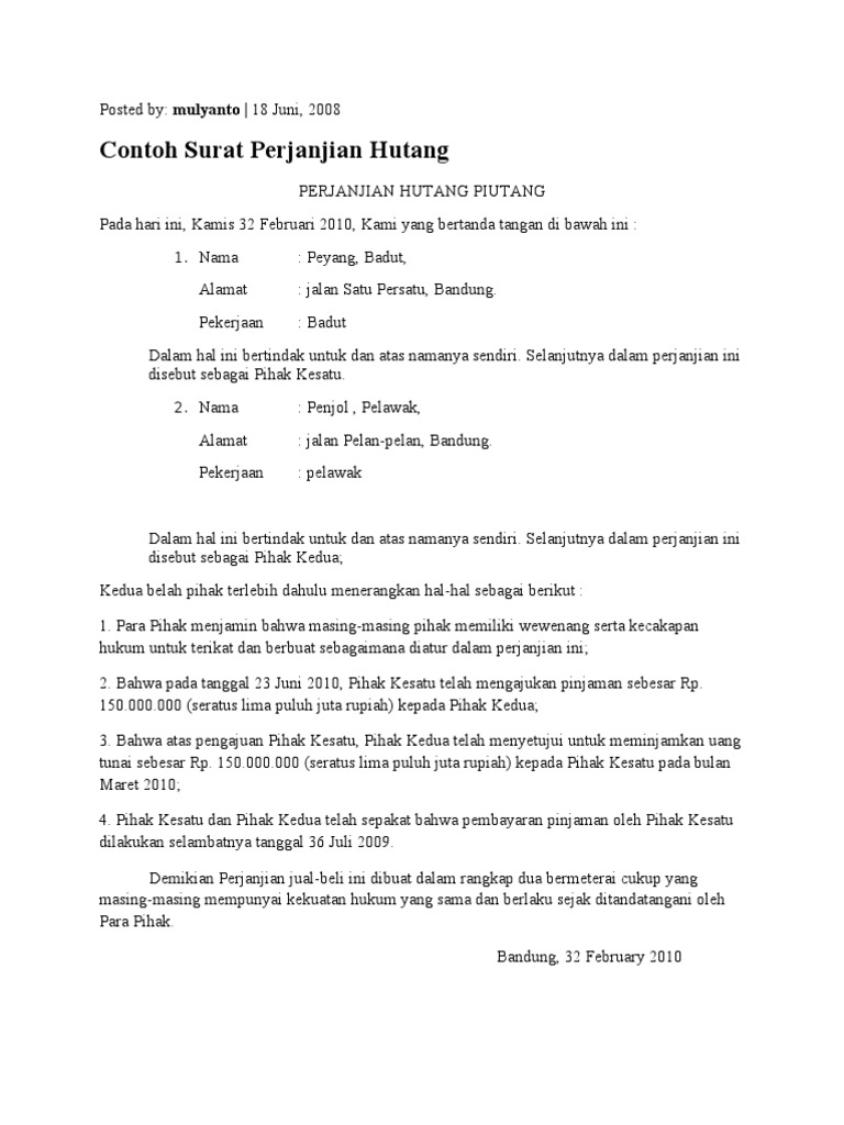 Contoh Surat Perjanjian Hutang Pdf