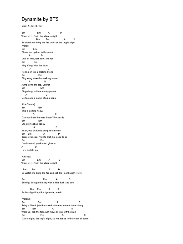 BTS Dynamite Song Lyrics and Chords | PDF | Song Structure | Songs