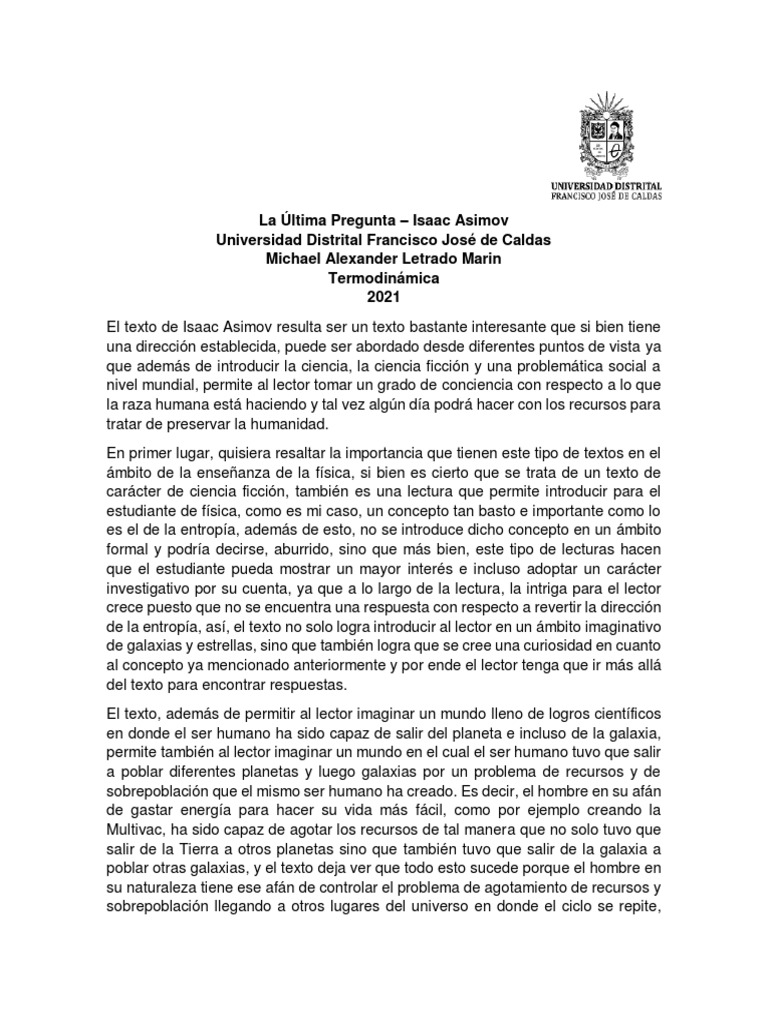 Ensayo La Ultima Pregunta PDF Universo Isaac Asimov