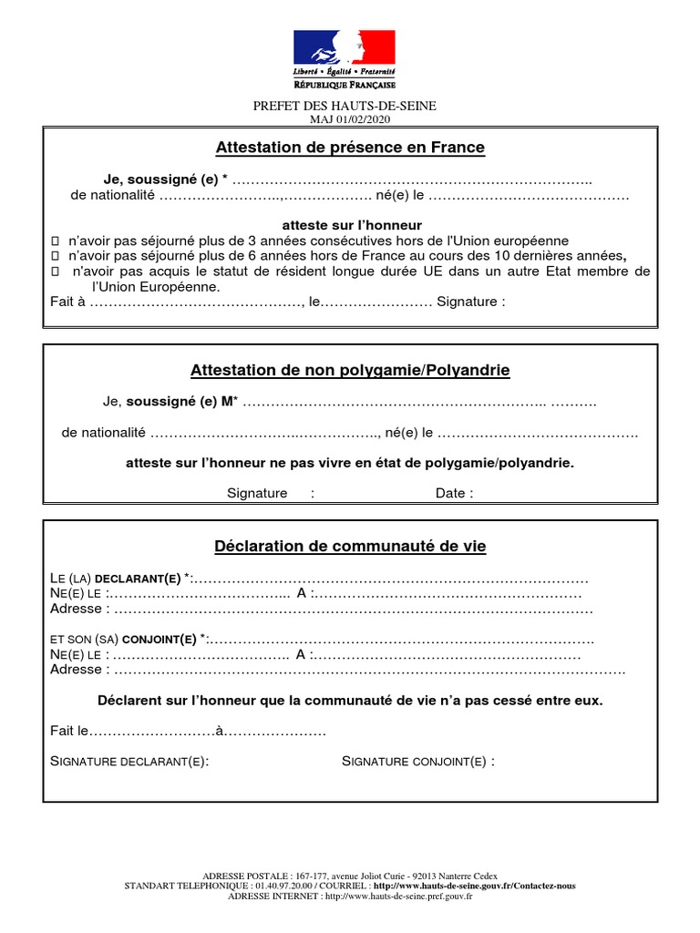 Attestation De Présence En France-Non Polygamie-Communauté De Vie-Respect De  Valeurs De La République - 02-2020 | Pdf | Loi Criminelle | Loi Publique