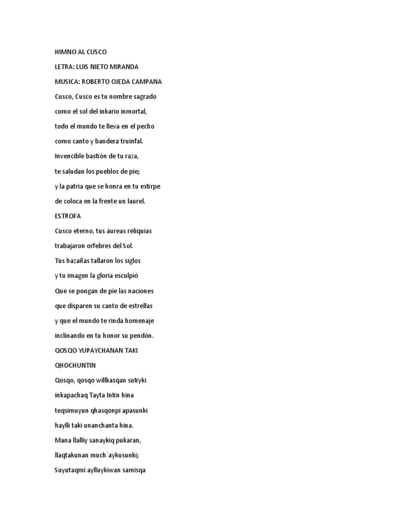 Himno al Cusco: Letra Completa | PDF | Clásicos