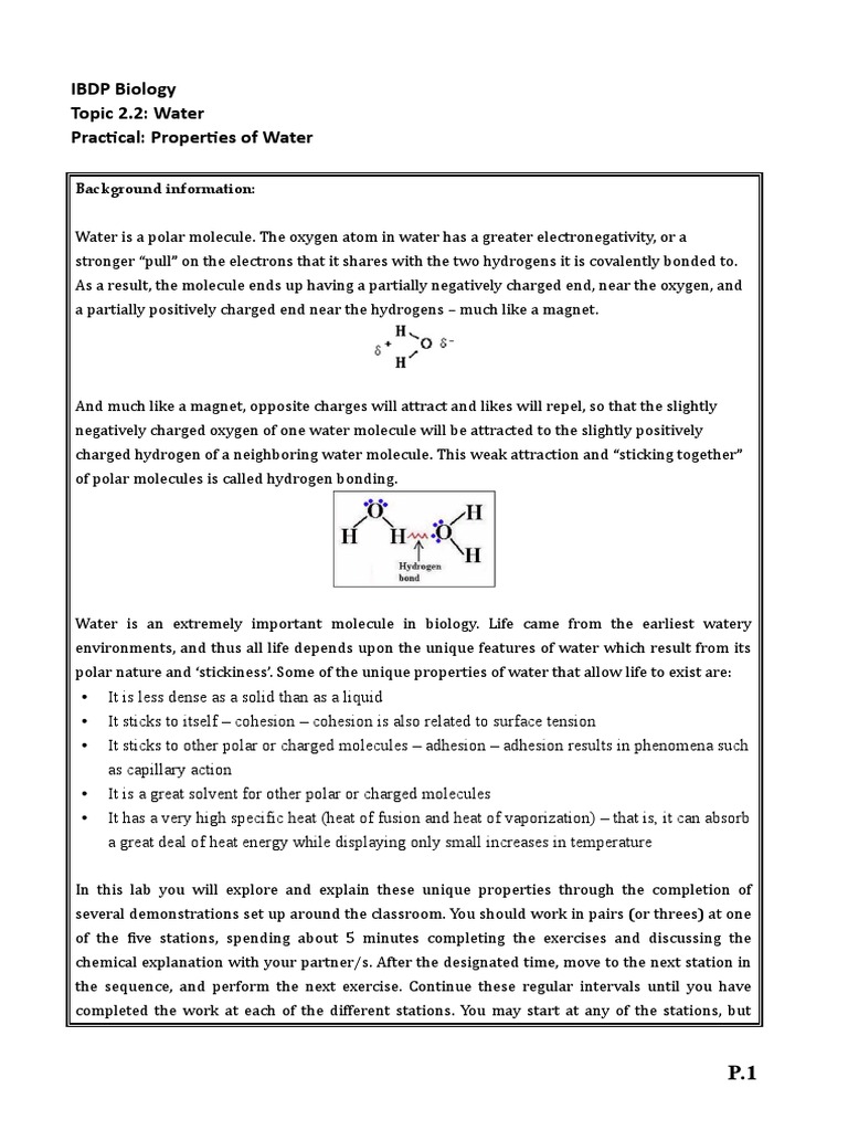 Water Lab PDF Properties Of Water Chemical Polarity