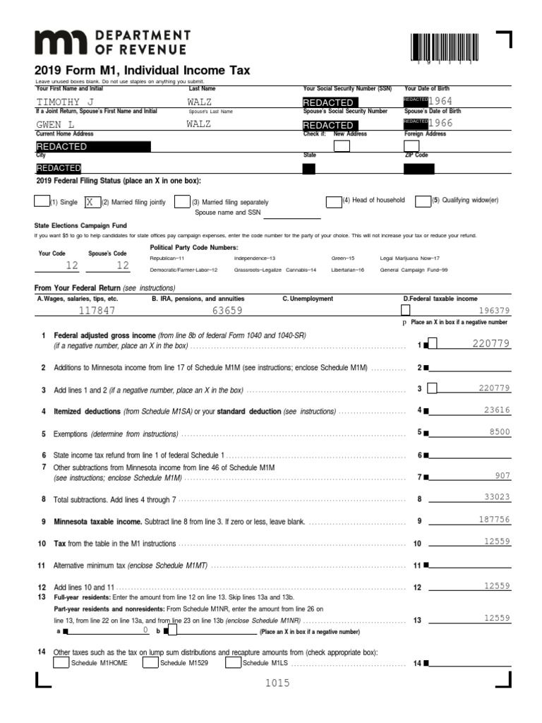 Gov. Walz 2019 MN Tax Return Redacted PDF Irs Tax Forms Tax Refund