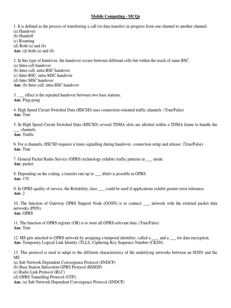 Mobile Computing Revised MCQs PDF General Packet Radio Service Computer Network