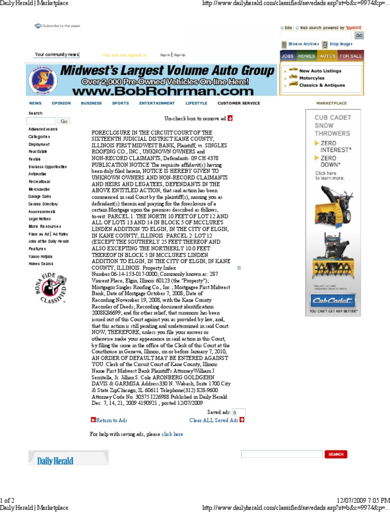 Daily Herald Foreclosures Singles Roofing PDF Mortgage Law