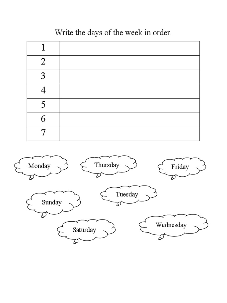 Write The Days of The Week in Order.: Monday Thursday Friday | PDF