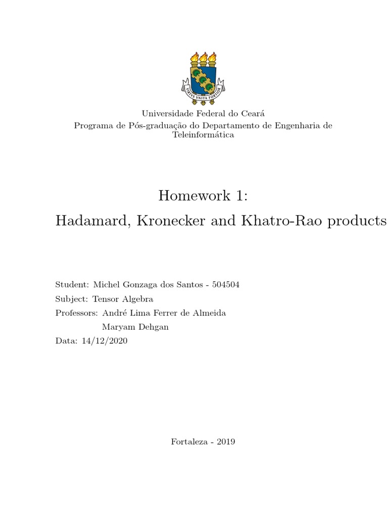 Homework 1 Hadamard, Kronecker and KhatroRao Products Product PDF