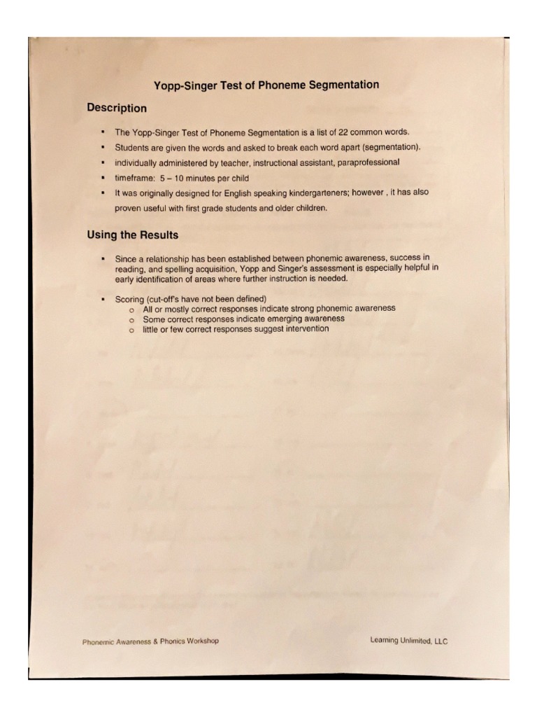 Yopp-Singer Test of Phoneme Segmentation 3 | PDF