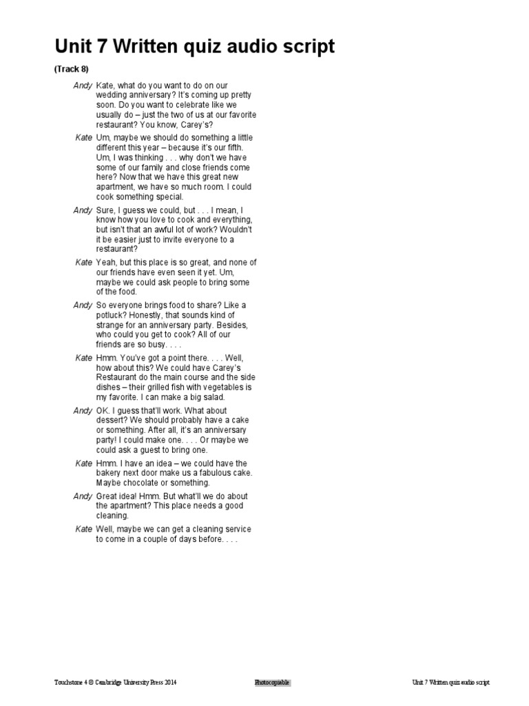 Course 15 Unit 7 Written Quiz Audio Script | PDF | Home & Garden