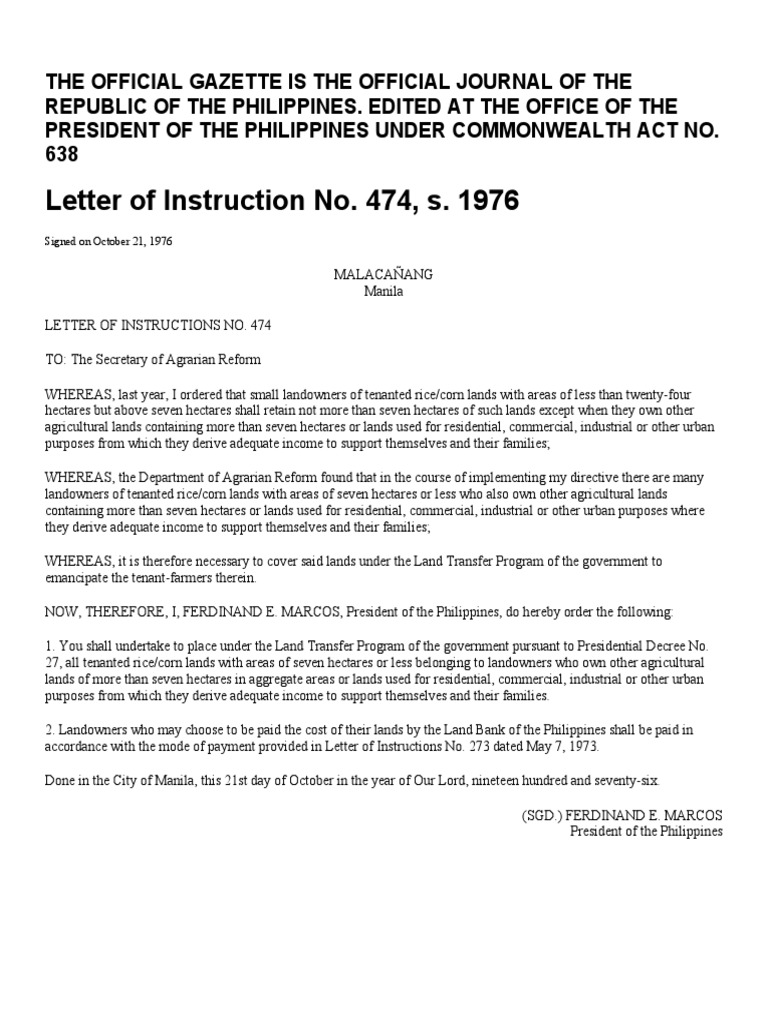 Letter of Instruction No. 474, 1976 | PDF | Economies | Arable Farming