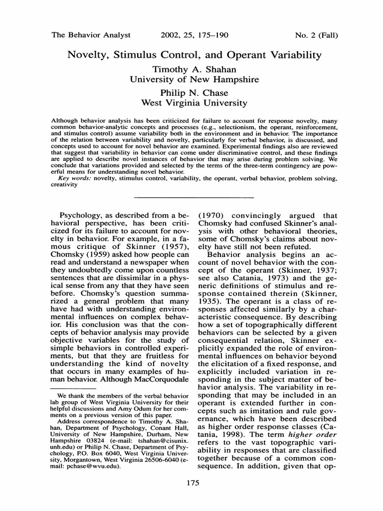 Shahan 2002 - Novelty, Stimulus Control, and Operant Variability | PDF ...