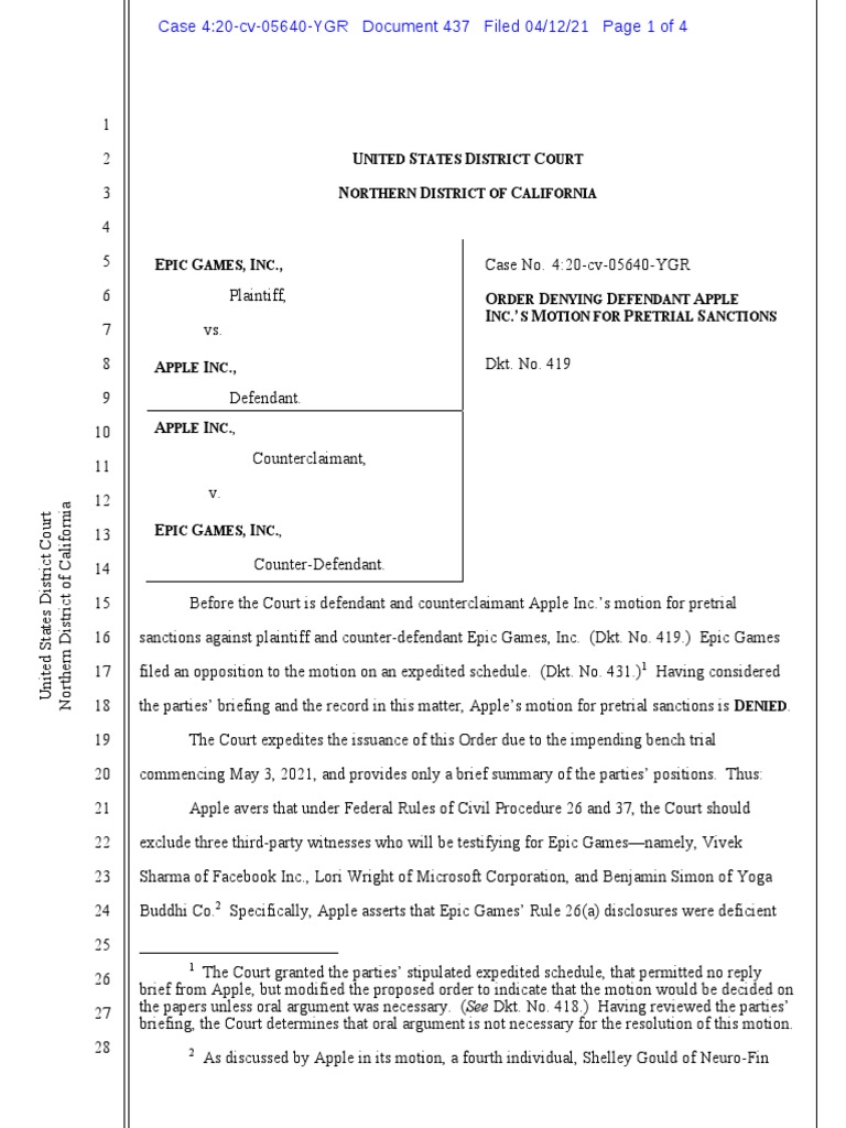 210412 Order Denying Apple Motion For Pretrial Sanctions PDF Discovery (Law) Witness