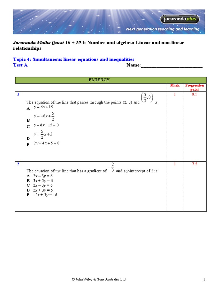 Jacaranda Maths Quest 10 + 10A: Number and Algebra: Linear and Non ...