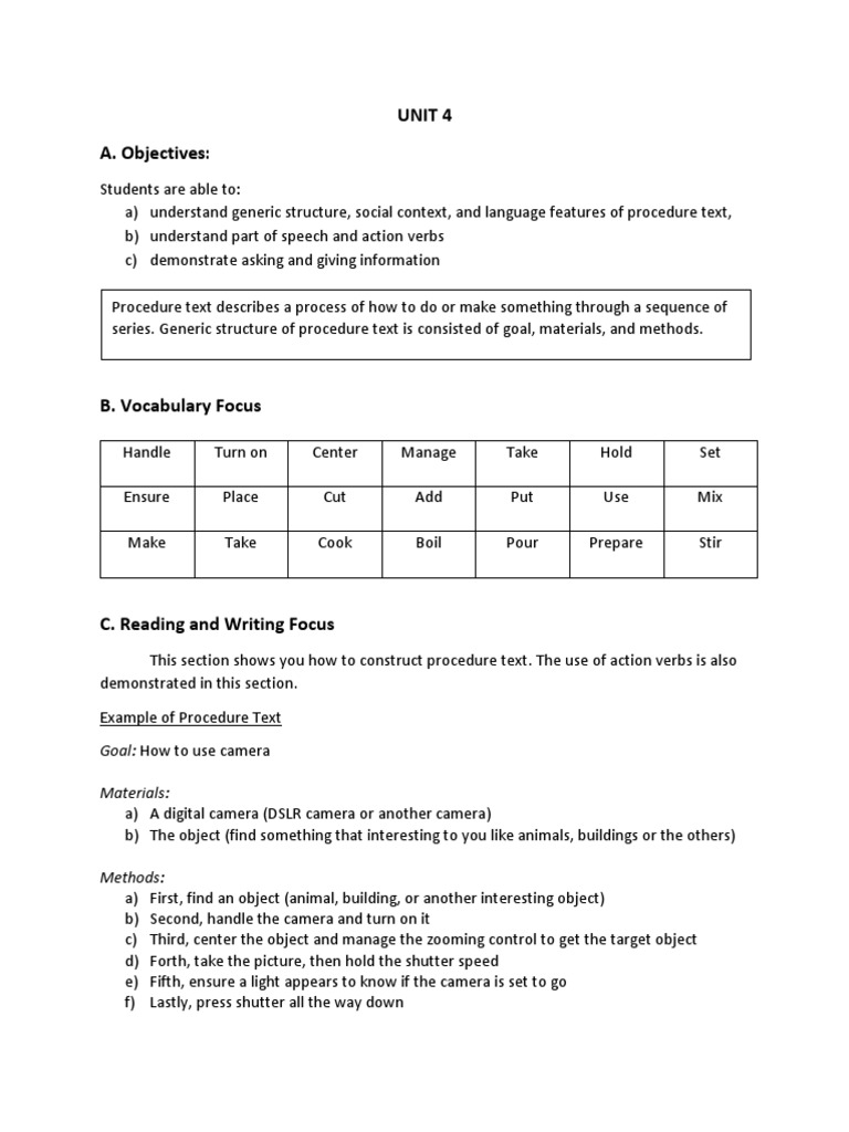 English Class Unit 4 Pdf Cakes Camera