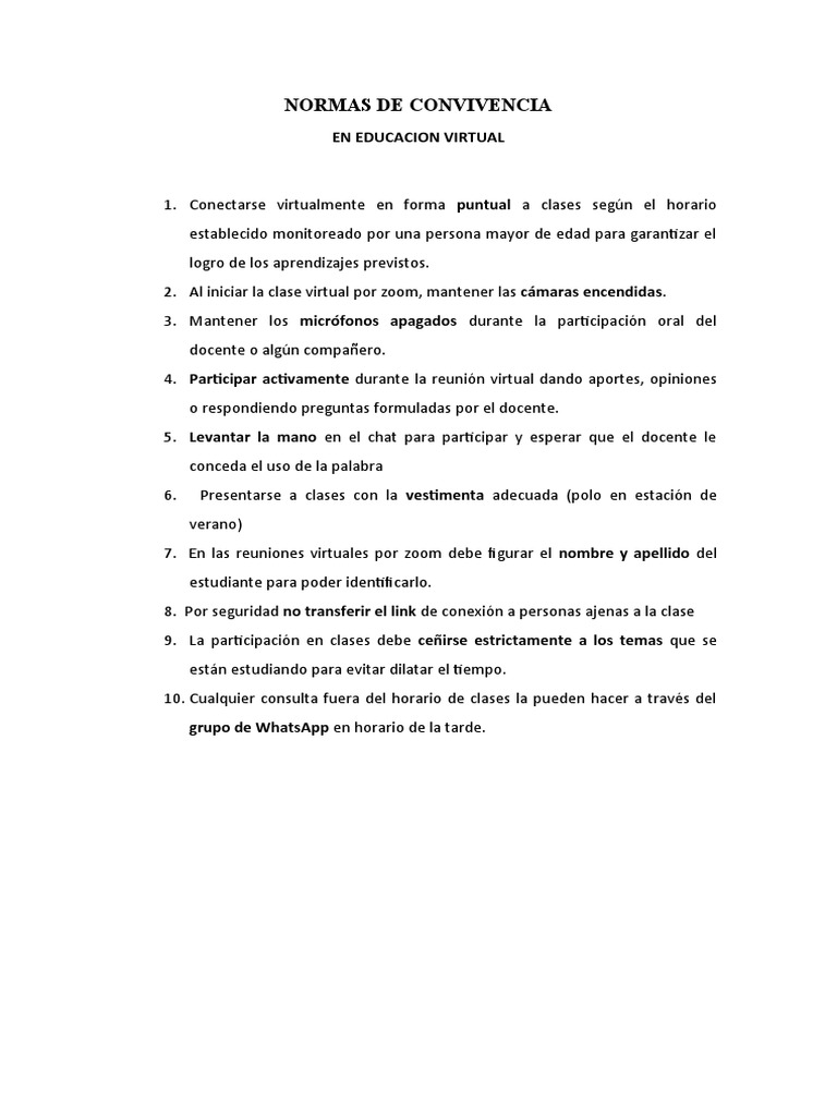 Normas de Convivencia en Clases Virtuales | PDF | Salud y bienestar