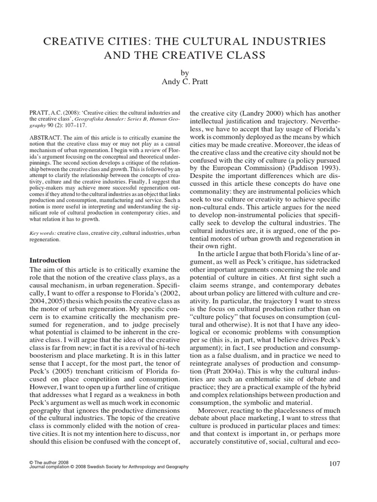 Creative Cities The Cultural Industries and The Creative Class | PDF ...