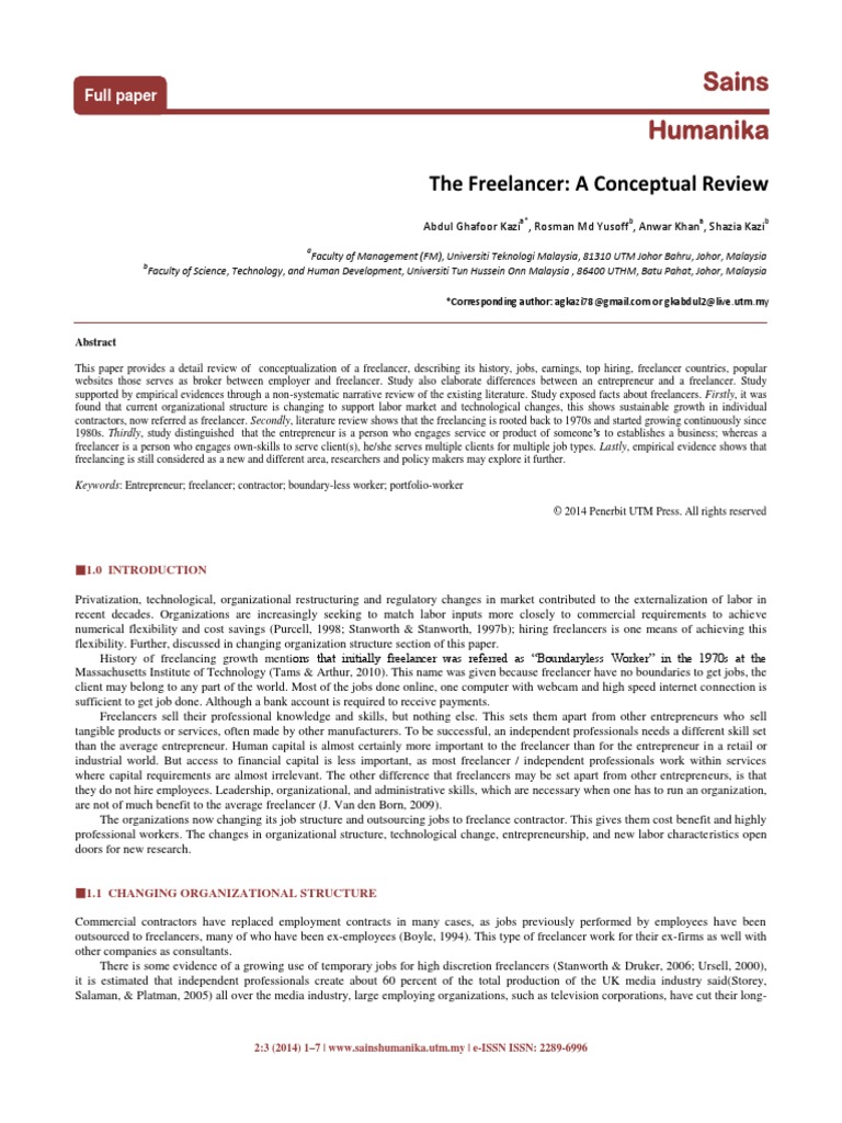 Sains Humanika: The Freelancer: A Conceptual Review | PDF | Freelancer ...