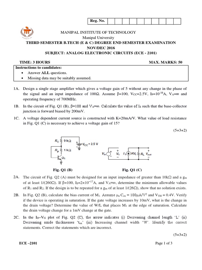 ECE 2101 Analog Circuits Exam Paper | PDF | Amplifier | Analog Circuits