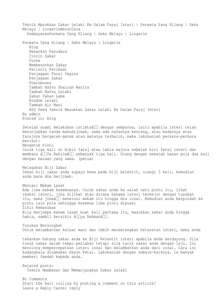 Teknik Masukkan Zakar Lelaki Ke Dalam Faraj Isteri Permata Yang Hilang Seks Melayu Lingerie Pdf