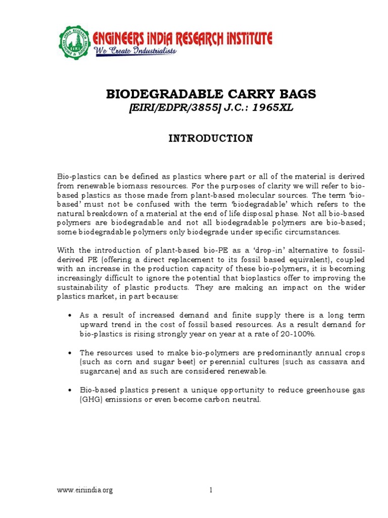 Project Report On Biodegradable Carry Bags PDF Biodegradation Plastic