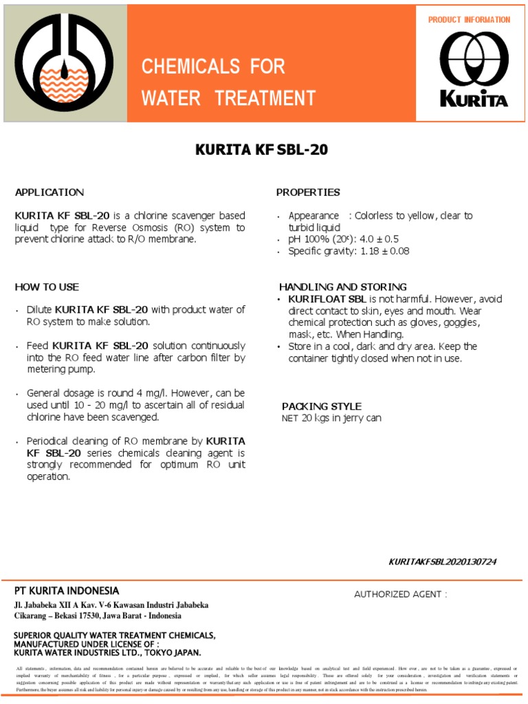 Chemicals For Water Treatment Kurita KF Sbl20 PDF Water