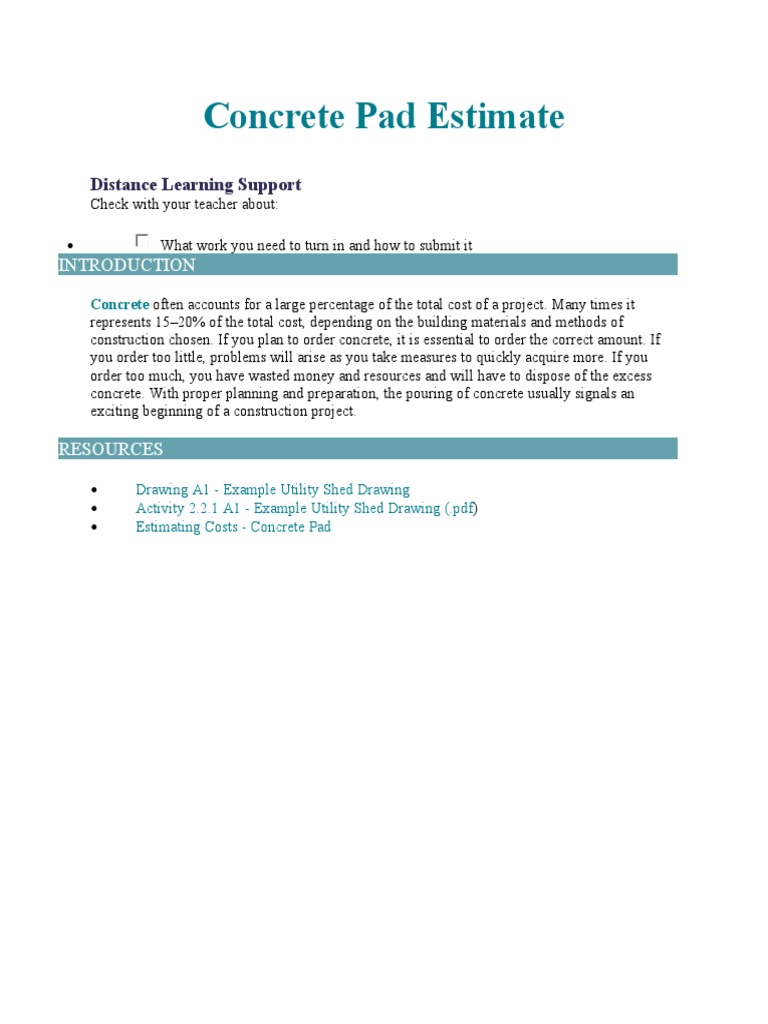Concrete Pad Estimate: Distance Learning Support | PDF | Concrete ...