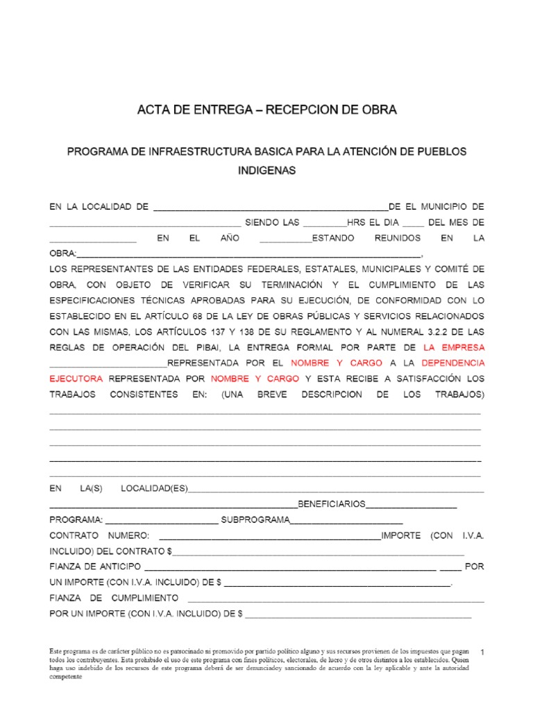 Acta de Entrega - Recepcion de Obra | PDF