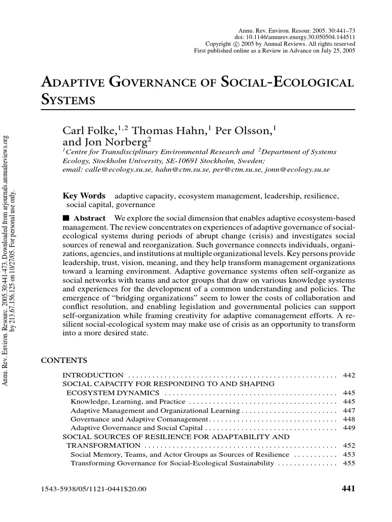 Adaptive Governance of Social-Ecological | PDF | Ecological Resilience ...