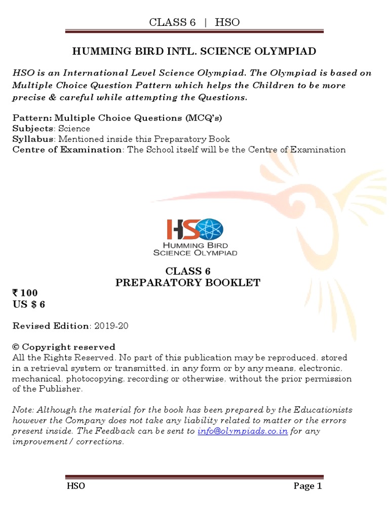 Class 6 Hso Humming Bird Intl. Science Olympiad PDF Solution