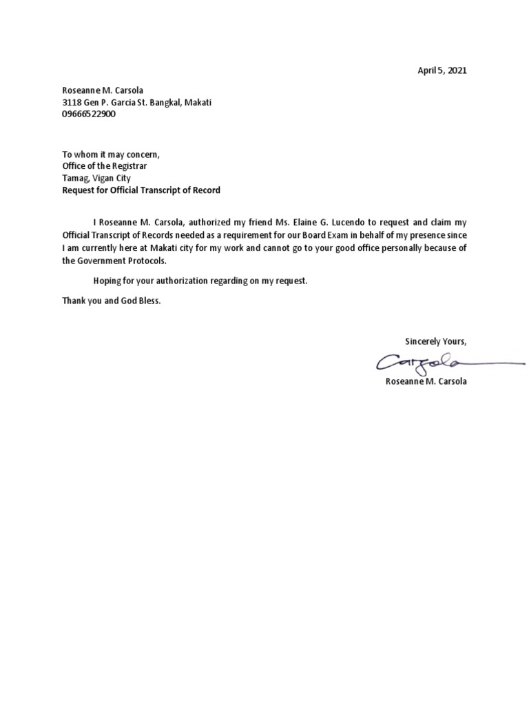 Request For Official Transcript of Record | PDF