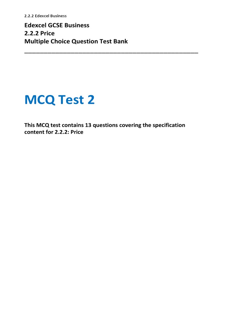 MCQ Test 2: Edexcel GCSE Business 2.2.2 Price Multiple Choice Question ...