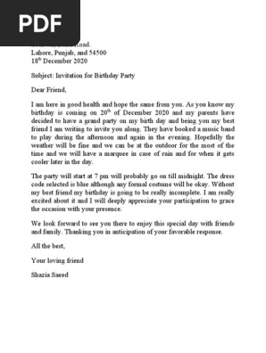 Letter for birthay party invitation